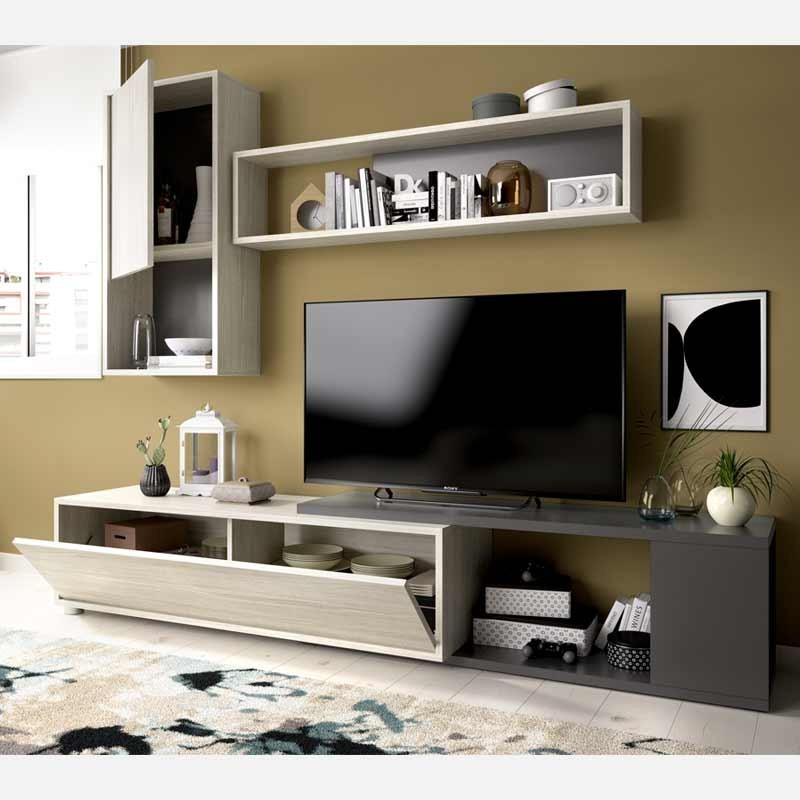 Mueble Modular Salón Obi 2 Gris (veta) y Grafito