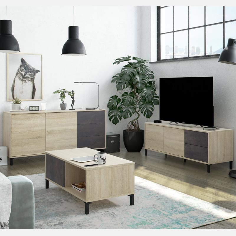 Pack Muebles Salón Andy Estilo Industrial Color Roble Canadian y Óxido