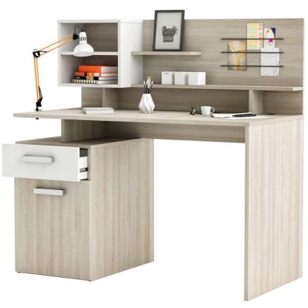 Escritorio Malicia con altillo roble y blanco 123 cm