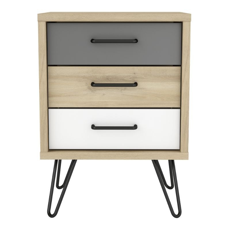 Mesita de Noche Filea Color Roble Blanco y Gris 3 Cajones 62x45x42cm