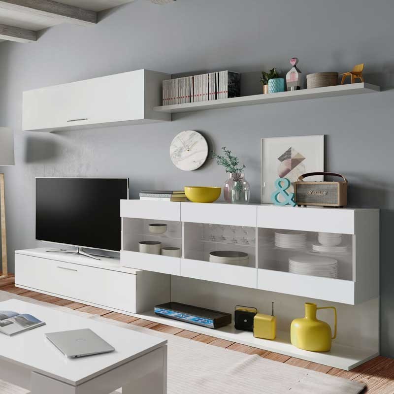 Mueble modular de salón Aral color blanco brillo 260 cm