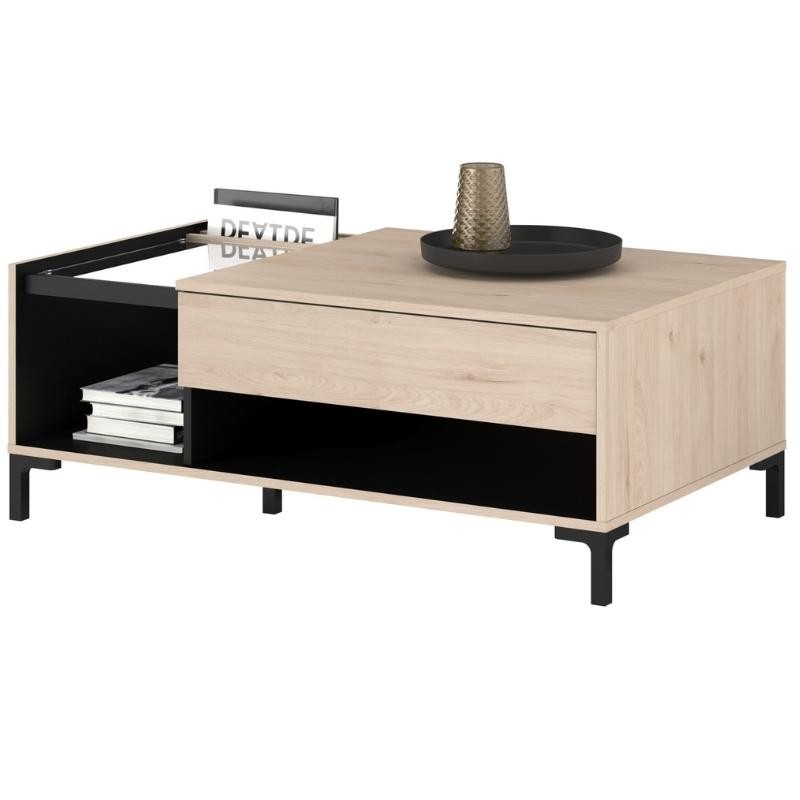 Mesa de Centro Salón Tokio Estilo Japandi color Roble y Negro 110x42x67cm_ladeada