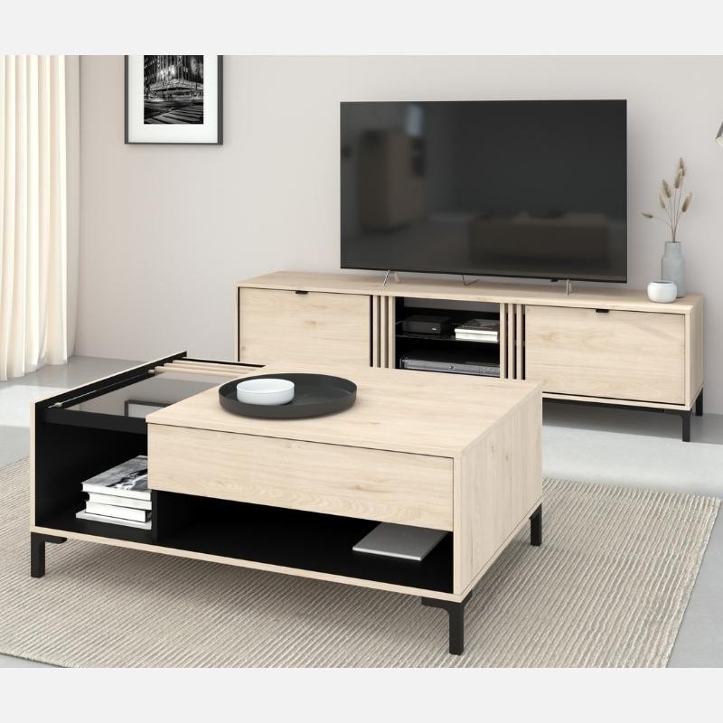 Mesa de Centro Salón Tokio Estilo Japandi color Roble y Negro 110x42x67cm_ambiente