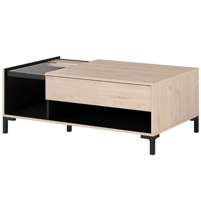 Mesa de Centro Salón Tokio Estilo Japandi color Roble y Negro 110x42x67cm_ladeada