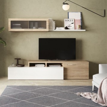 Pack muebles salón mueble TV roble y blanco recto
