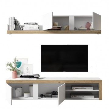 Mueble de salón Fly color blanco y naturale_FONDO BLANCO_mueble abierto