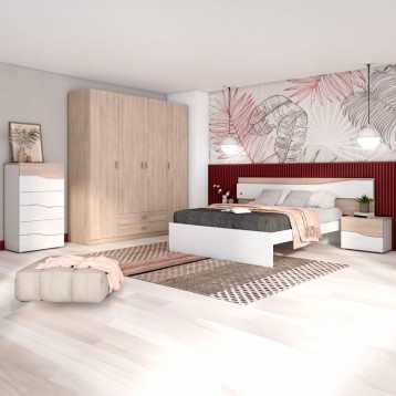 Muebles Habitación Doble Blanco mate y Roble Sahara con Armario alto