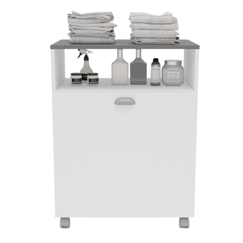 Mueble Auxiliar Lavandería Con Ruedas Color Blanco Con Tapa Gris_2