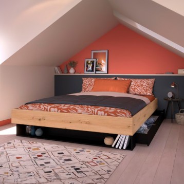 Cama Doble Lampe Pack Con Cajón Color Roble Artesanal Y Negro Stipple_AMBIENTE