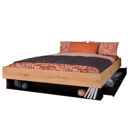 Cama Doble Lampe Pack Con Cajón Color Roble Artesanal Y Negro Stipple