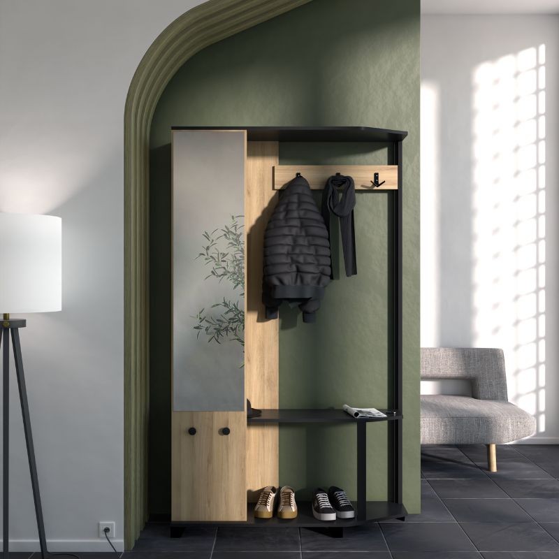 Mueble Perchero Recibidor Cobbler Con Espejo Roble y Negro_ambiente Mueble Perchero Recibidor Cobbler Con Espejo Roble y Negro_ambiente