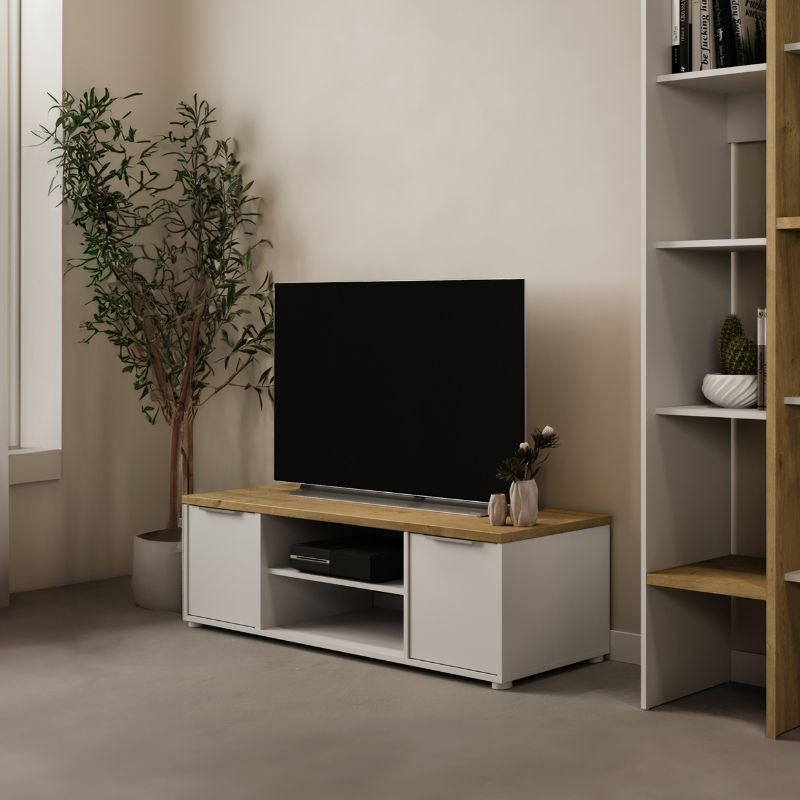 Mueble Tv Roble Gris Claro Blanco con 2 puertas