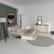 Dormitorio Matrimonio Izzy Estilo Moderno En Blanco Mate y Roble Kronberg (Cama+Cómoda)