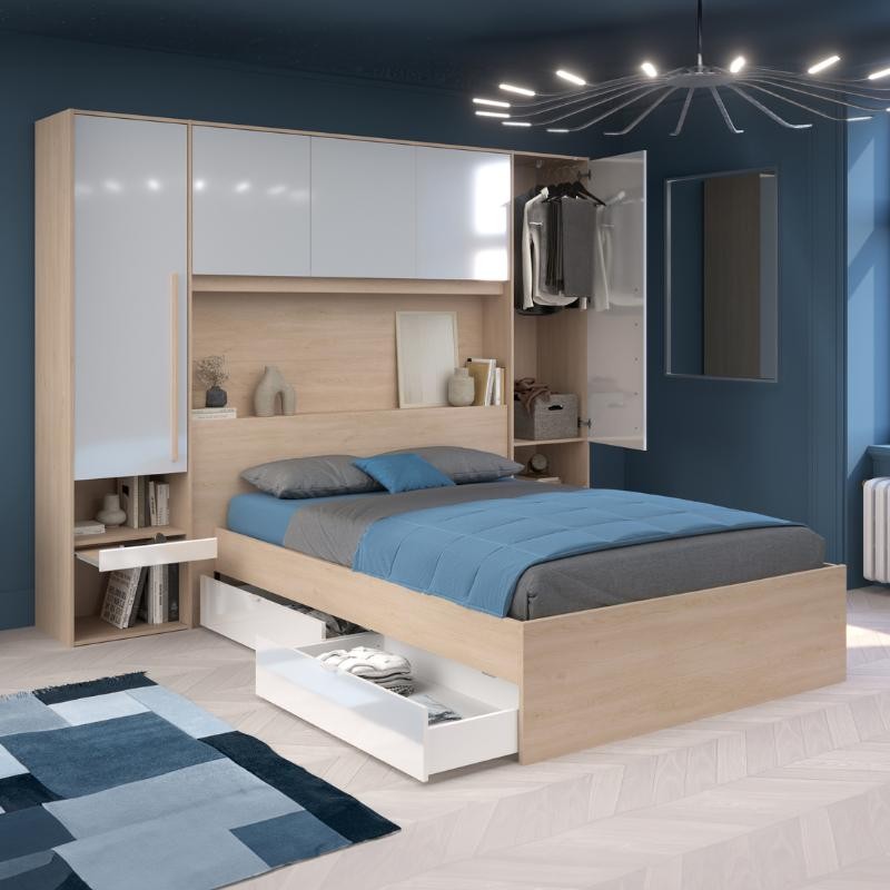 Dormitorio Estilo Nórdico John Color Roble Brooklyn y blanco Shiny_cama de 135-140x190 cm