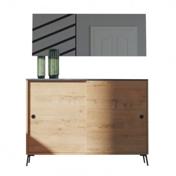 Mueble Recibidor Con Espejo Terpi Estilo Moderno Color Roble Gold y Mármol con reflejo espejo