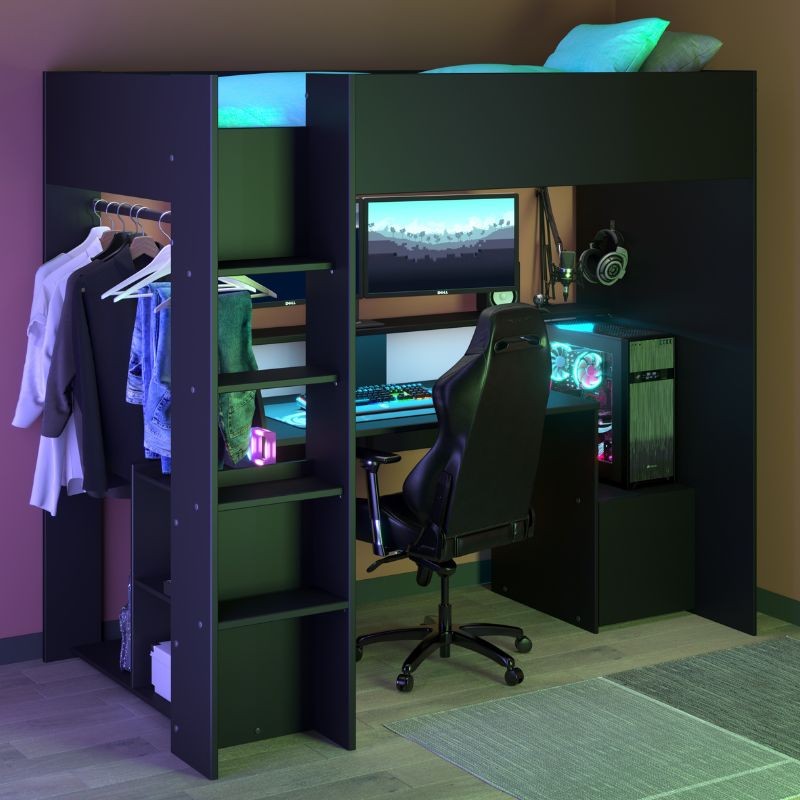 Cama Alta TexGen  Con Escritorio y LED Negro 204x180x94 CM _Ambiente_1