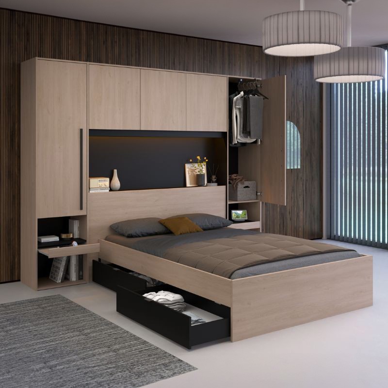 Ambiente Cama de Matrimonio John Con Cajones Bajos Roble Brooklyn Y Negro Stipple Ambiente Cama de Matrimonio John Con Cajones Bajos Roble Brooklyn Y Negro Stipple