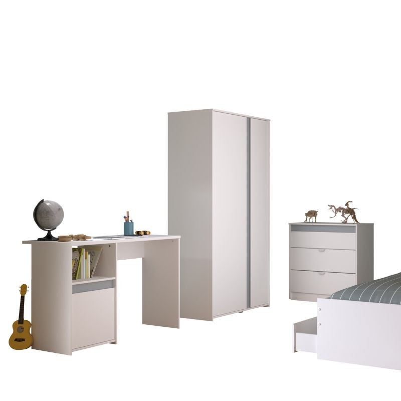 Pack Dormitorio Juvenil Germain Color Blanco (Cama, Cajones Inferiores, Cómoda, Mesita de Noche, Armario, Escritorio)_1
