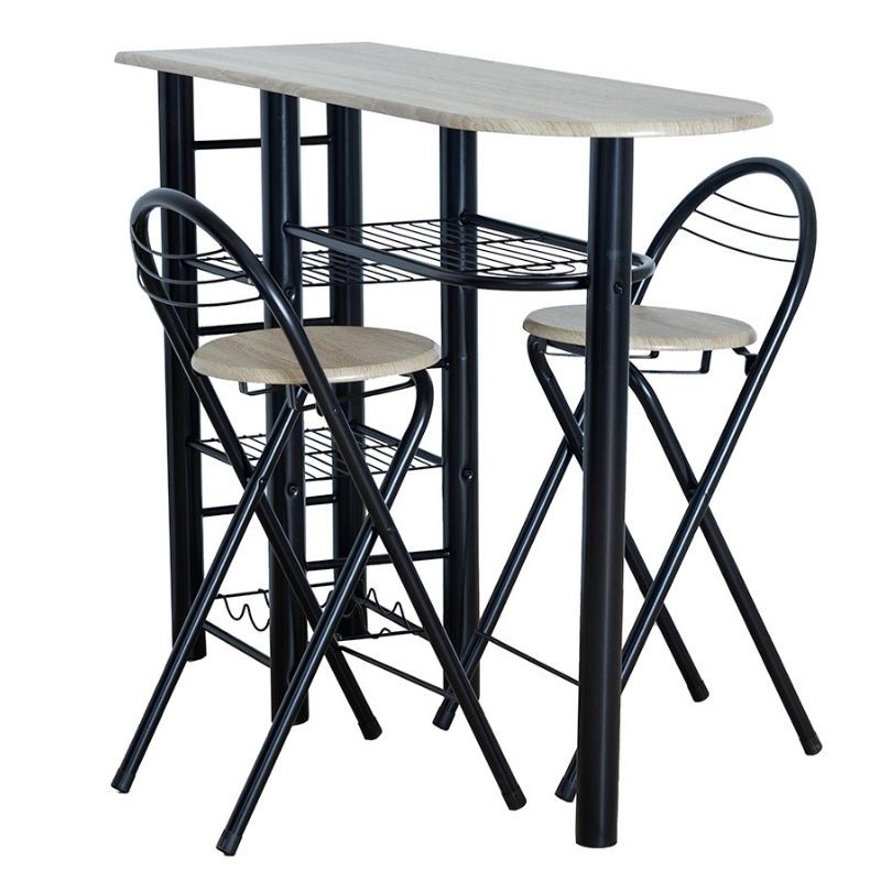 Conjunto Mesa y 2 taburetes plegables Cocina Bar Negro y Taupe