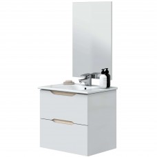 Mueble de Baño 60 cm Suspendido Curvas con Espejo Blanco Brillo y Roble Mueble de Baño 60 cm Suspendido Curvas con Espejo Blanco Brillo y Roble