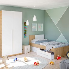 Habitación Juvenil Moderna Pack Muebles Roble Nodi Y Blanco Artik (Cama + Armario)