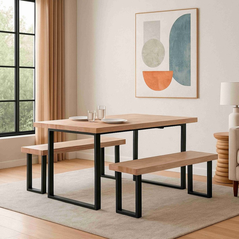 ambiente de Conjunto Mesa con 2 Bancos Color Roble Nordish y Negro