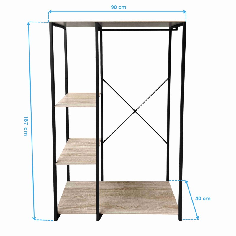 Vestidor Abierto Dormitorio 3 estantes Color roble sonoma y Negro 90x167 cm