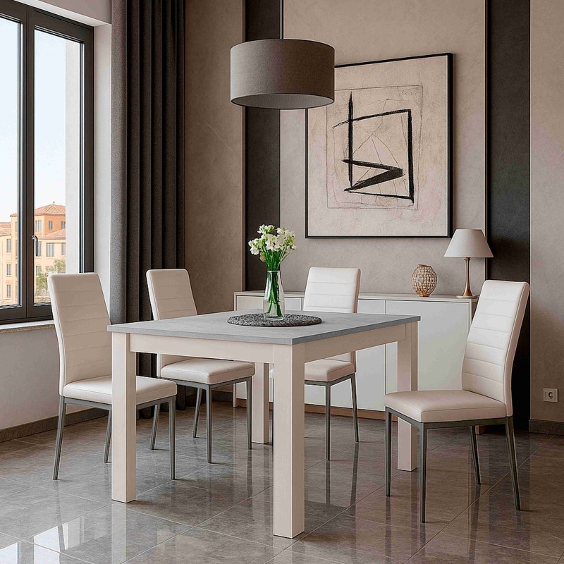 Conjunto Mesa y 4 Sillas Color Gris Cemento y Blanco