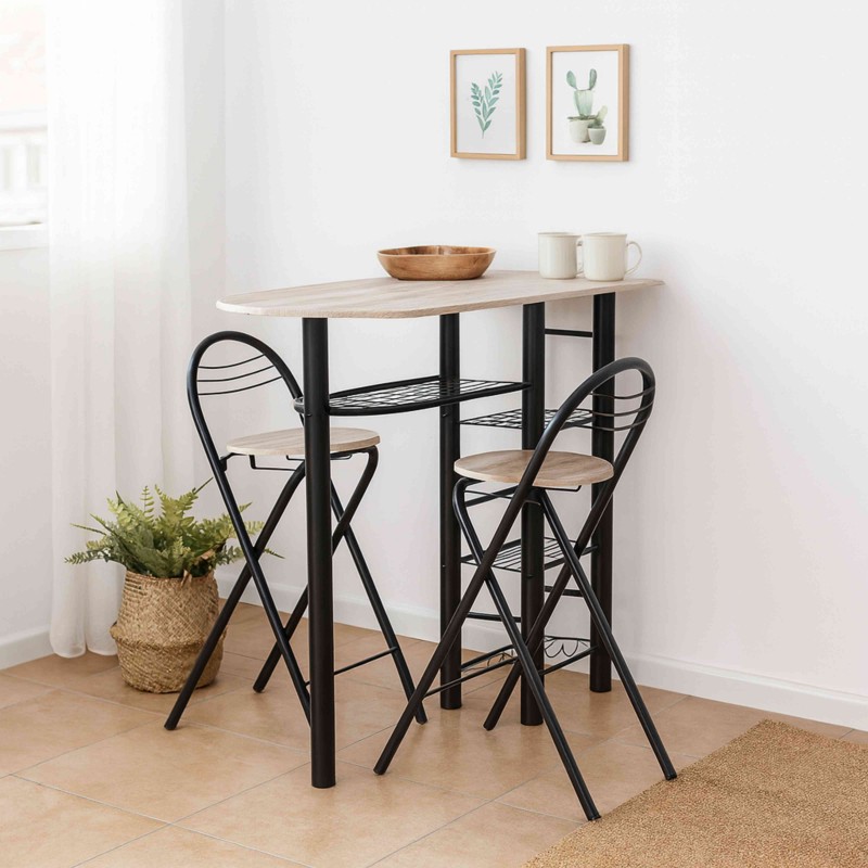 Conjunto Mesa y 2 taburetes plegables Cocina Bar Negro y Taupe