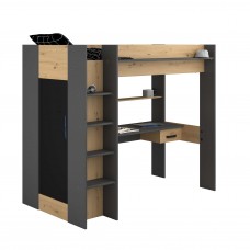 Cama Alta con Escritorio y Armario High Color Roble Y Gris 204x178x116 cm