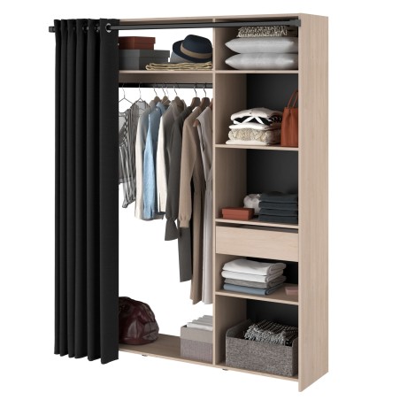 vestidor con 6 nichos, cajón, barra de colgar y cortina portada