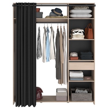 vestidor con 6 nichos, cajón, barra de colgar y cortina frontal