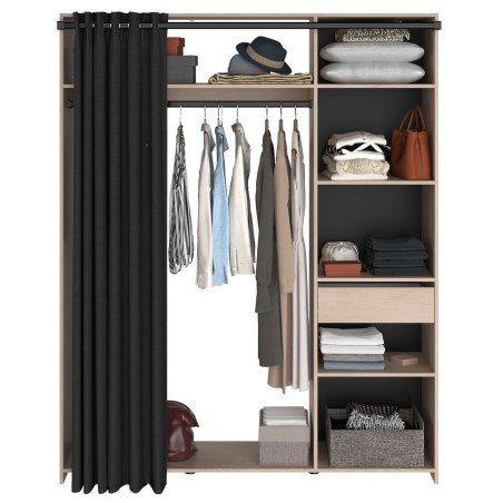vestidor con 6 nichos, cajón, barra de colgar y cortina frontal