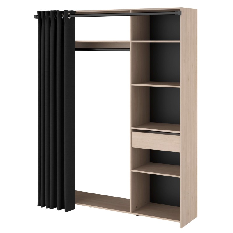 vestidor con 6 nichos, cajón, barra de colgar y cortina lateral cajon cerrado