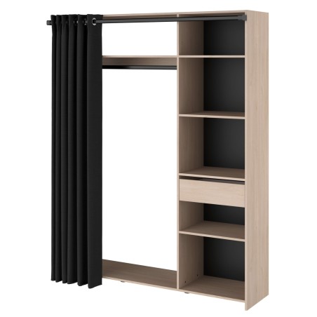 vestidor con 6 nichos, cajón, barra de colgar y cortina lateral cajon cerrado