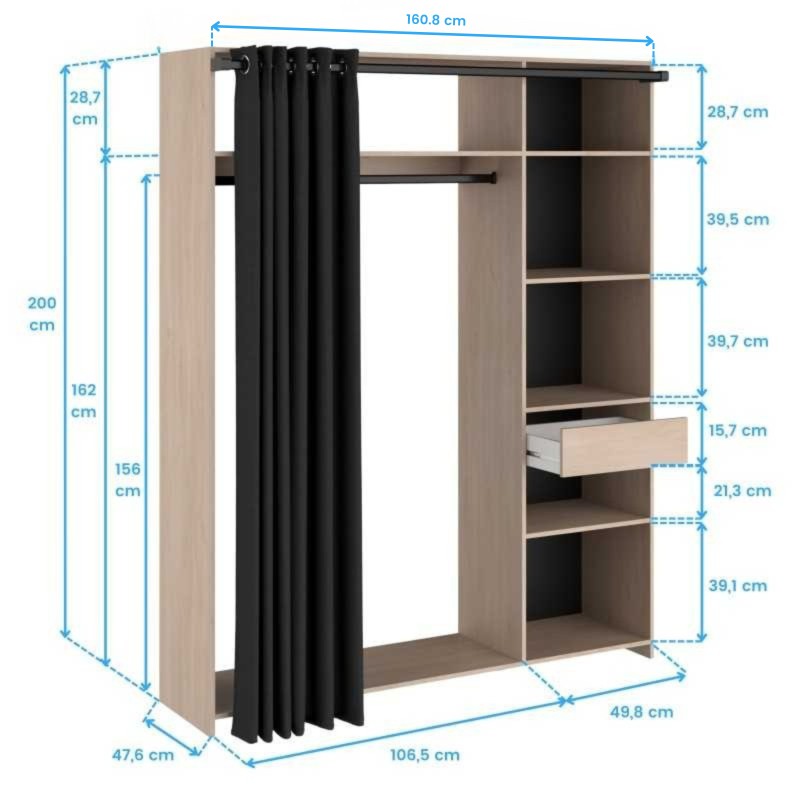 Vestidor Armario Abierto Dark Roble Brooklyn y Negro Stipple 161x200 cm