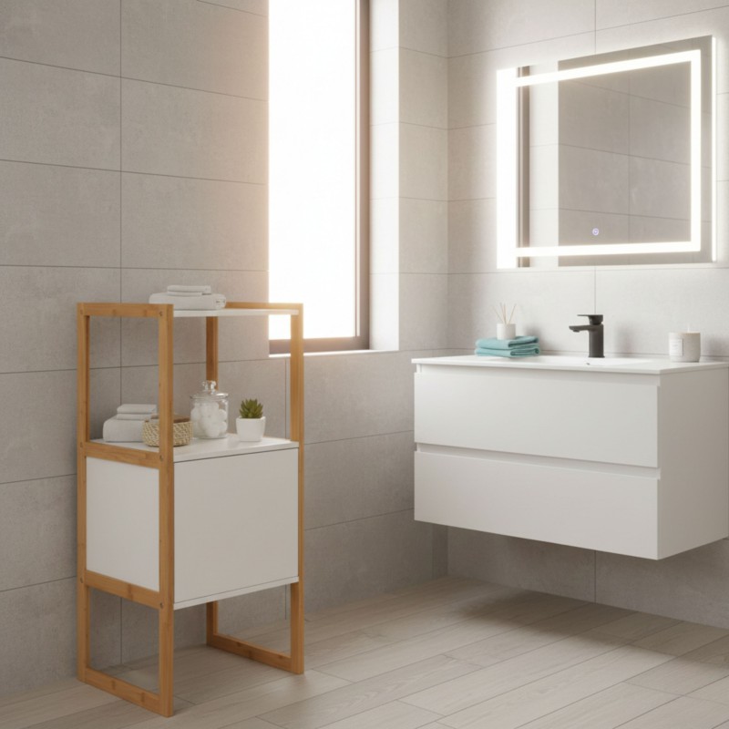 Mueble Auxiliar de Baño Natureo Color Bambú y Blanco