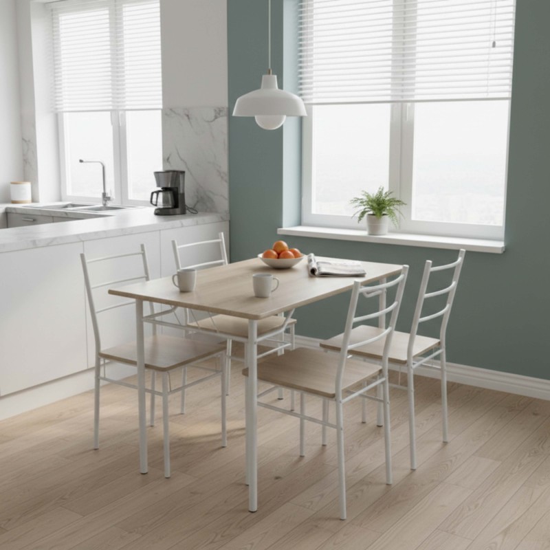 Conjunto Mesa Cocina y 4 Sillas Color Blanco y Roble Sonoma