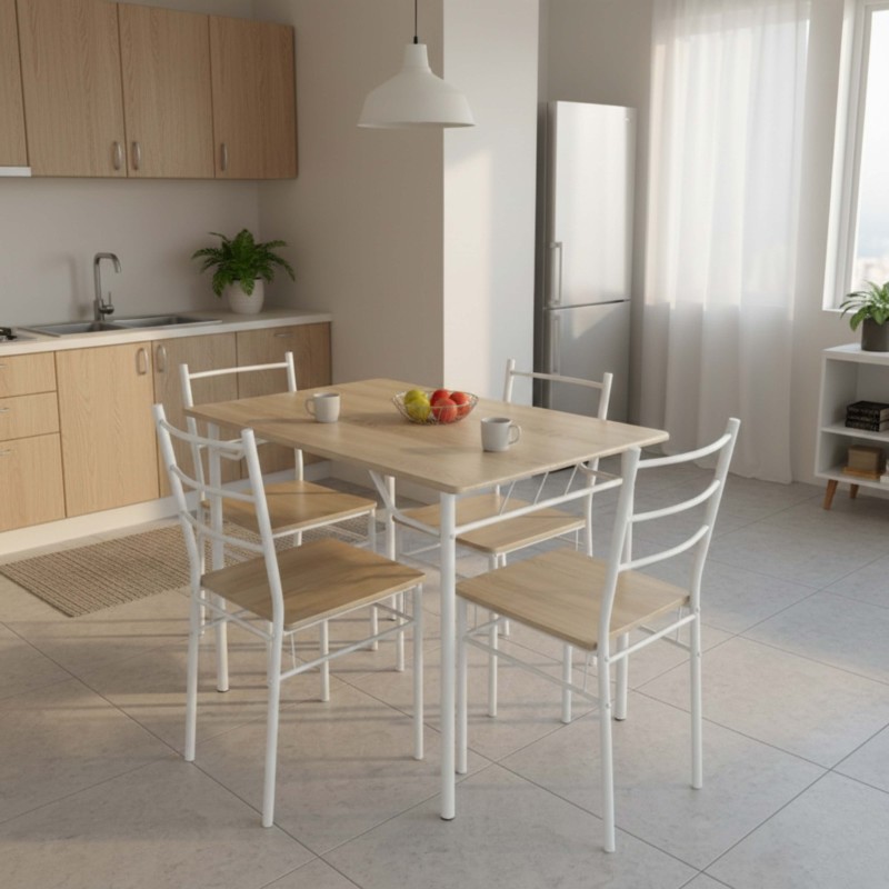 Conjunto Mesa Cocina y 4 Sillas Color Blanco y Roble Sonoma