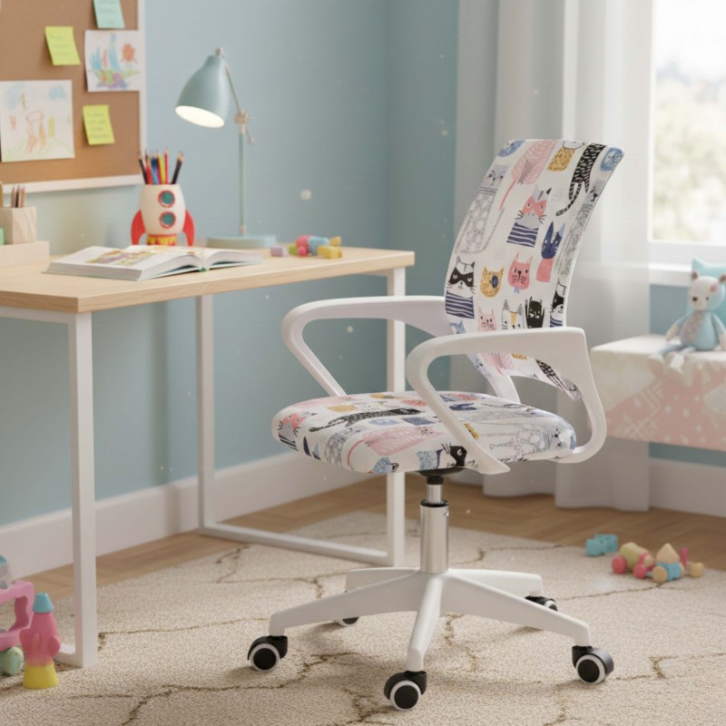 Silla Escritorio Juvenil Vita Gatito Miau Color Blanco