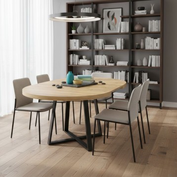 Mesa Comedor Redonda Extensible Aduna Roble y Negro ambiente 2