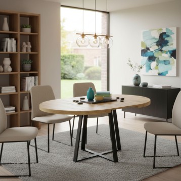 Mesa Comedor Redonda Extensible Aduna Roble y Negro ambiente