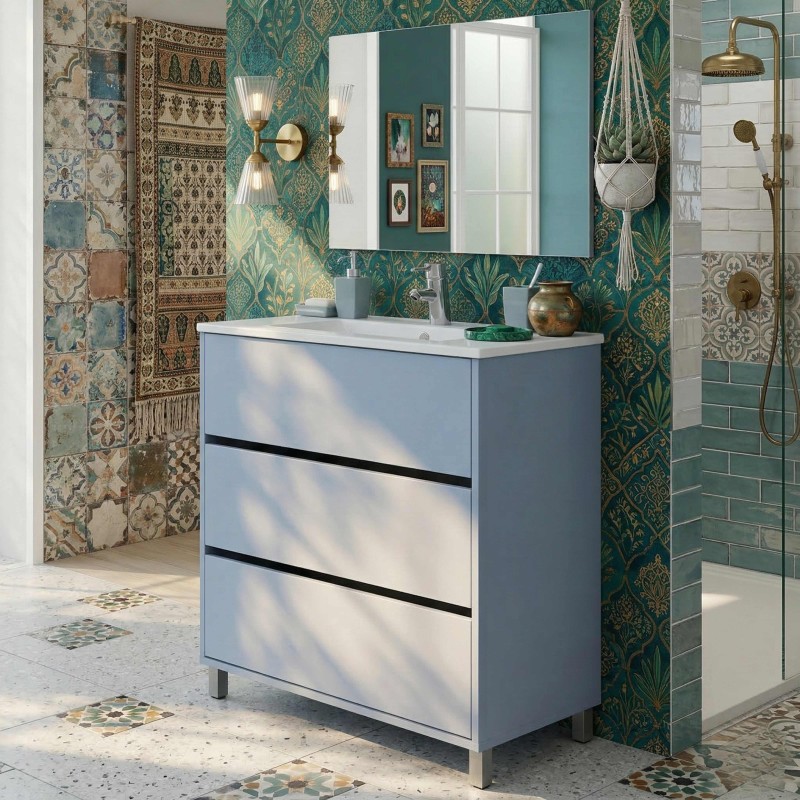 Mueble de Baño con Patas y Espejo Kalma Azul Talco 82 cm (Lavabo opcional)
