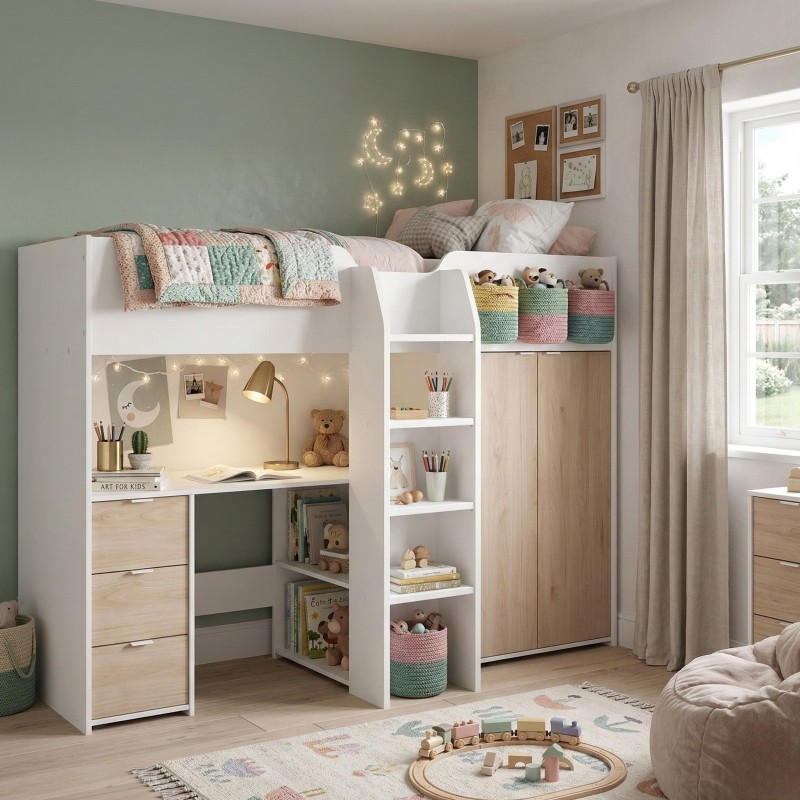 Cama Alta con Escritorio y Armario Funny Roble Jackson Y Blanco 203x146x95 cm