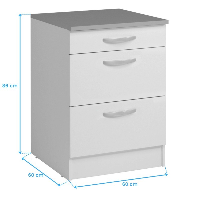 Módulo Inferior Cocina EKO 3 cajones Blanco Mate 60x60 cm medidas