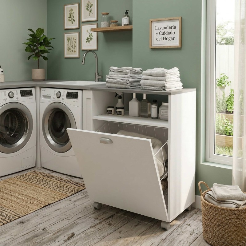 Mueble Auxiliar Lavandería Con Ruedas Color Blanco Con Tapa Gris 80x61 cm Mueble Auxiliar Lavandería Con Ruedas Color Blanco Con Tapa Gris 80x61 cm