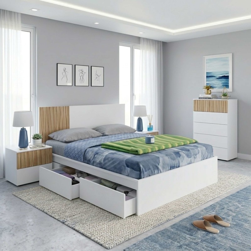 Dormitorio Matrimonio Estilo Nórdico Completo Muebles Natur y Blanco Artik