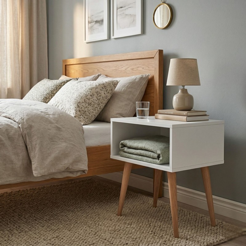 Mesita De Noche Yao Moderna Blanco Y Haya 43x50 cm