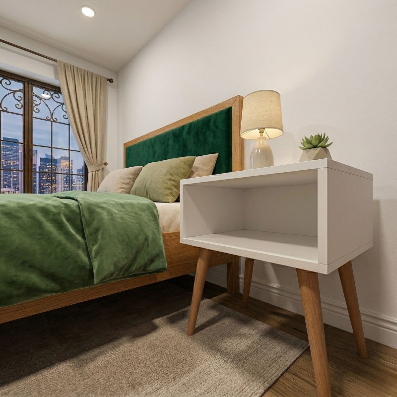 Mesita De Noche Yao Moderna Blanco Y Haya 43x50 cm