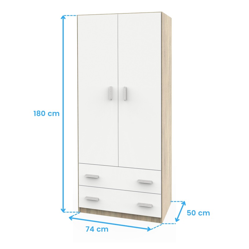 Armario Juvenil Turín Dormitorio Juvenil 2 Cajones Roble Cambrian y Blanco Mate